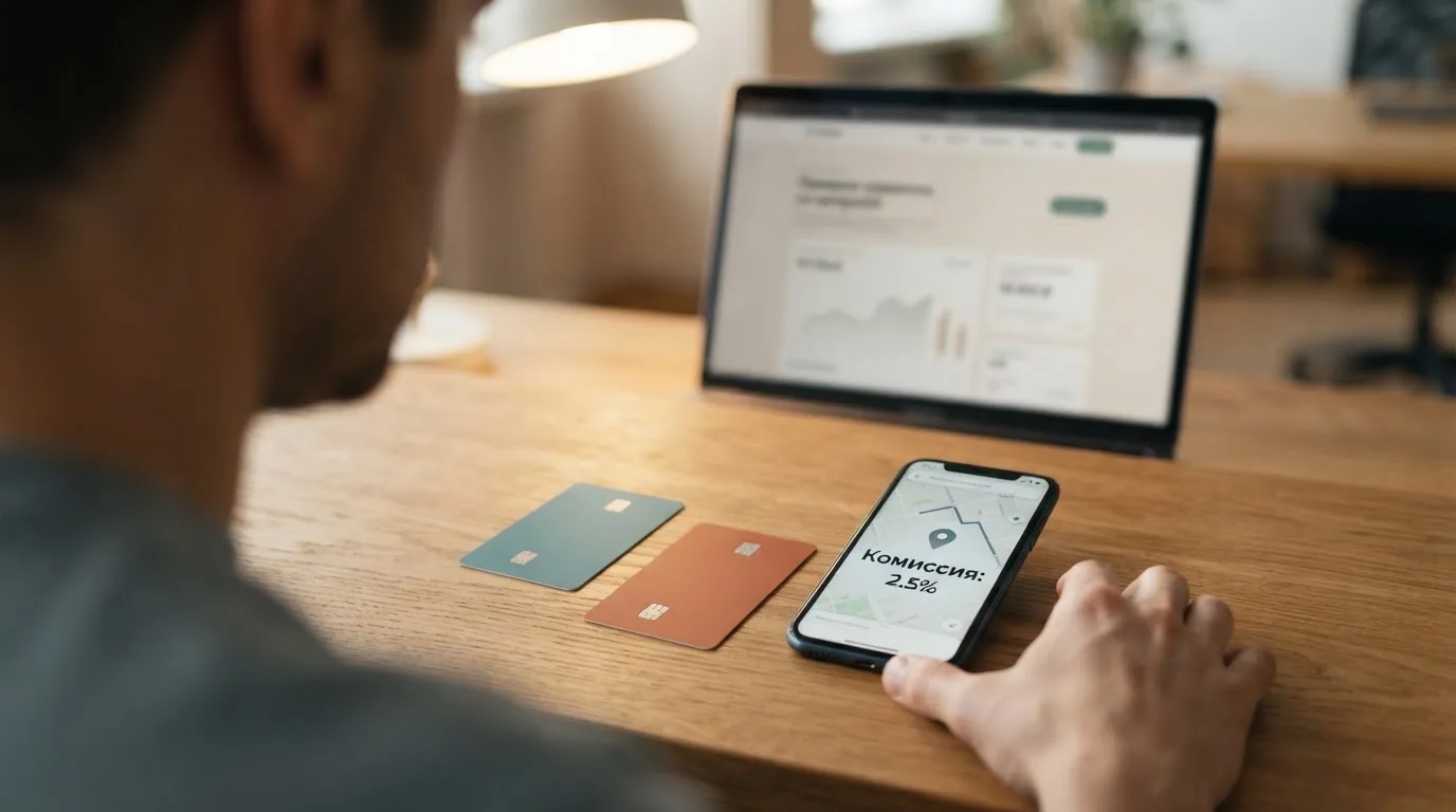 Человек сравнивает две платёжные карты за столом с ноутбуком
